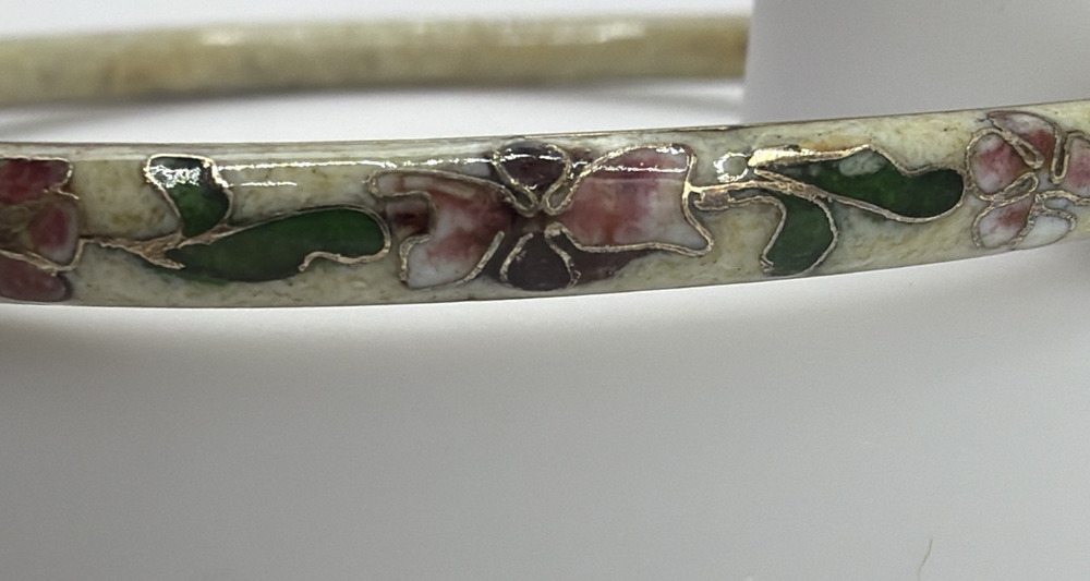 Vintage Cloisonne Bangle Bracelet Ivory Cream Pink Floral Slim Dainty